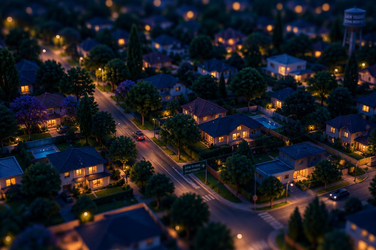 Vista 3D nocturna del barrio de la zona de cobertura